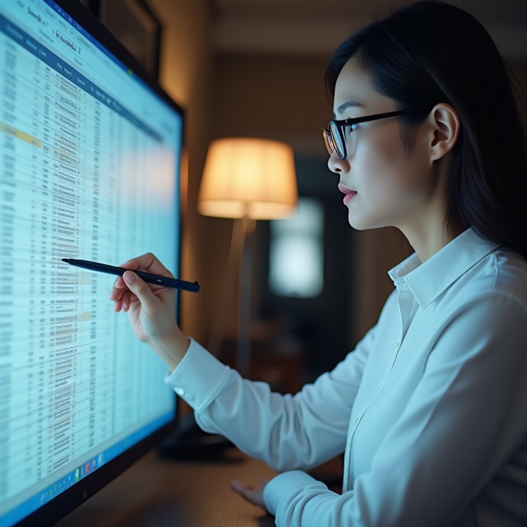 Close-up of a consultant's hands pointing to a large spreadsheet on a monitor showing multiple data columns and color-coded categories