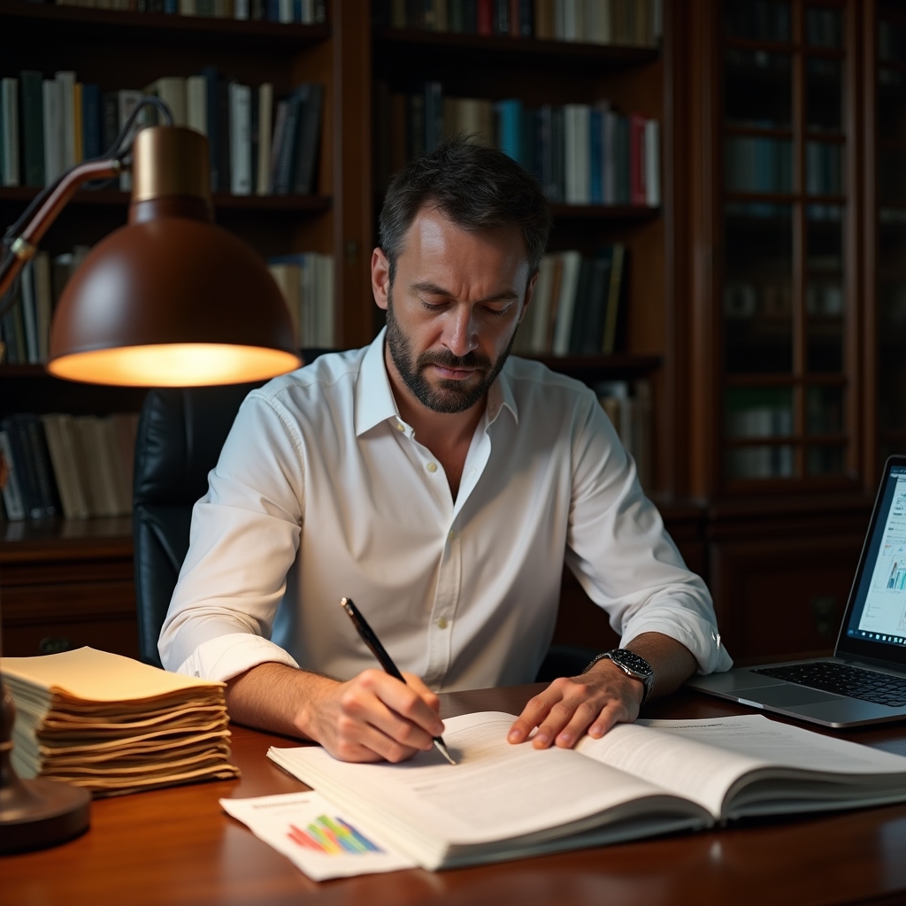 A consultant at a desk writing notes in a leather notebook surrounded by printed charts and reports, focused expression, warm desk lamp light
